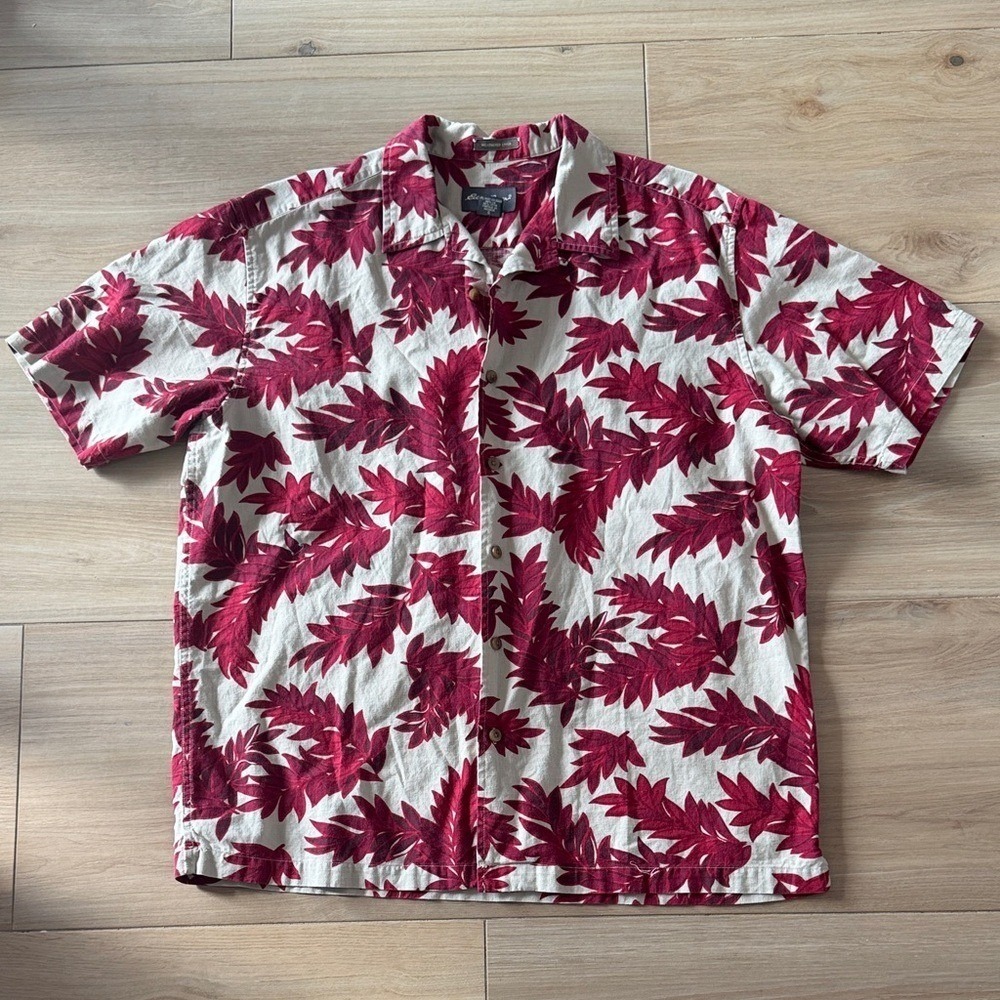 Eddie Bauer Mens Weathered Linen Cotton Floral Leaf Button Up Shirt Red‎ Cream L